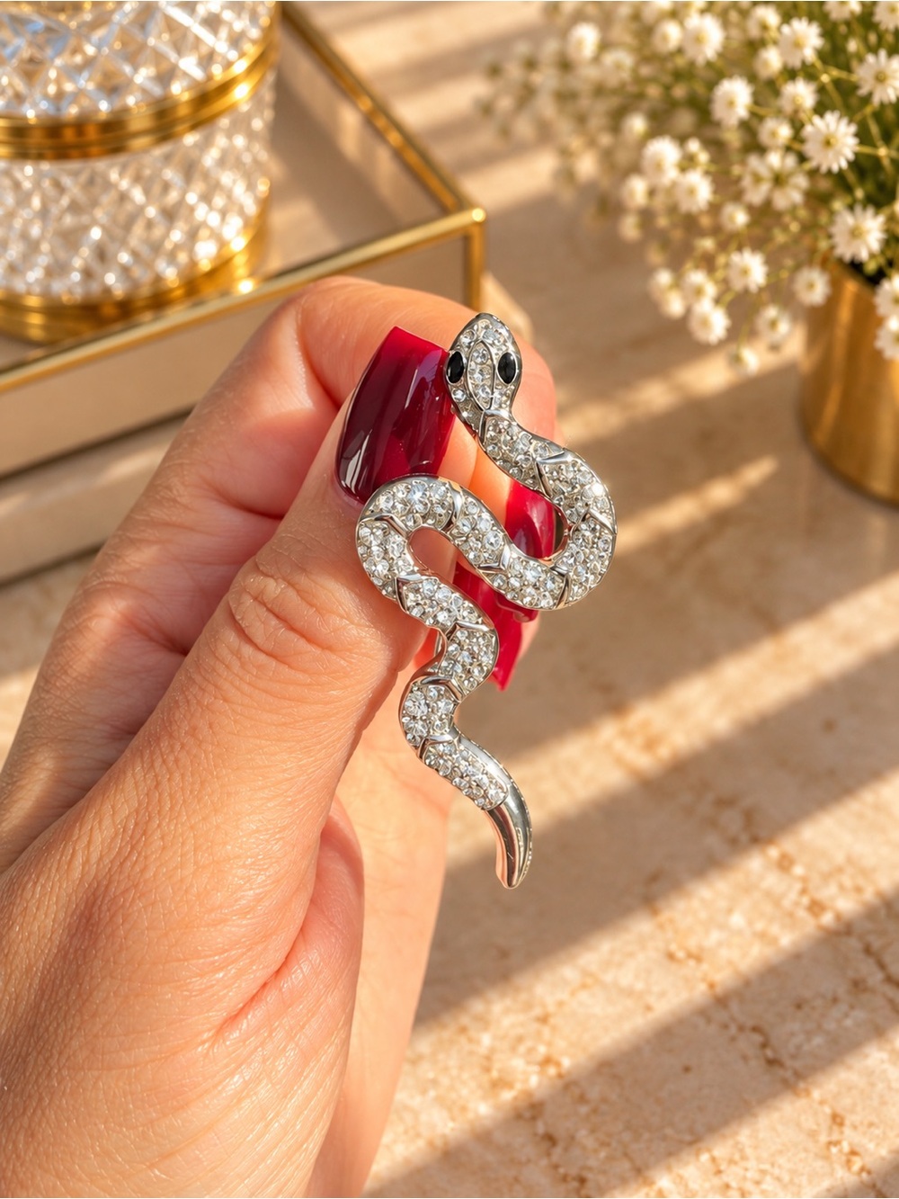 Snake Silver Crystal Brooch